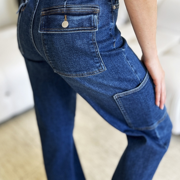 High-Rise Waist Cargo Pockets Denim Boyfriend Straight Leg Jean Pants Judy Blue - Picture 8 of 13